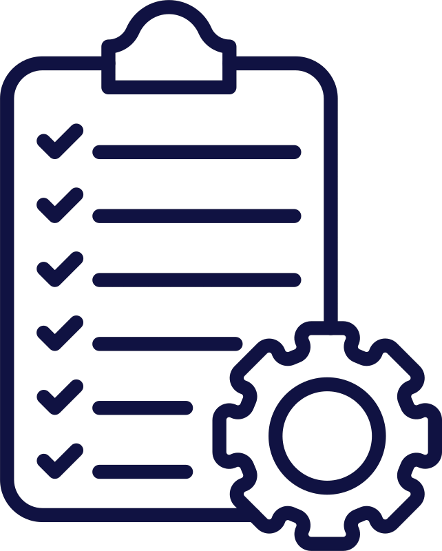 clipboard icon and a gear icon in bottom right