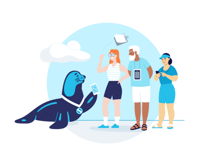 Graphic of Swimmingly Seal Mascot and 3 people