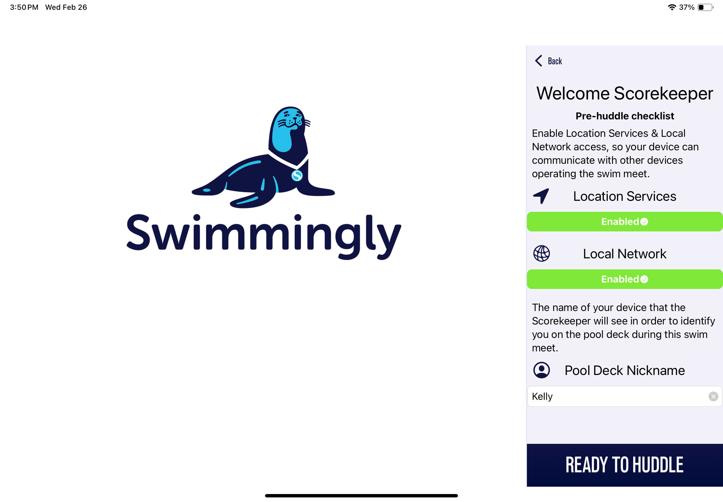 Swimmingly App - Scorekeeper Pre-huddle Screenshot